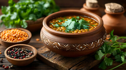 Thick lentil stew in clay bowl with fresh cilantro, blurred warm kitchen background right