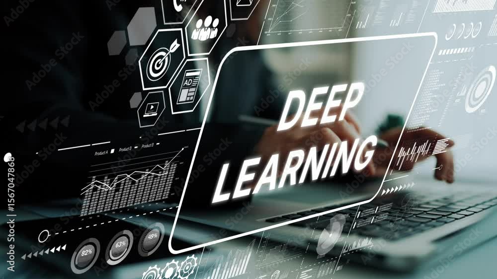 Poster abstract representation of deep learning concept with data visualizations and hands typing on laptop