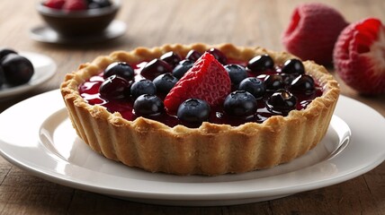 Delicious fruit tart featuring fresh blueberries and raspberries, beautifully plated on a rustic wooden table.