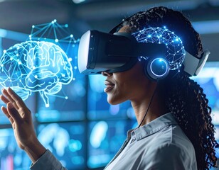 Exploring virtual reality technology with headgear while analyzing brain connections in a high-tech environment