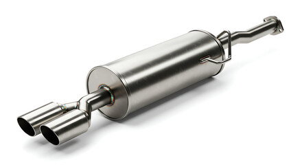 A high-quality studio shot of a new performance car exhaust muffler, isolated on a clean white background.