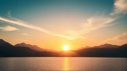 Fototapeta premium Serene Sunset Over Lake with Mountains