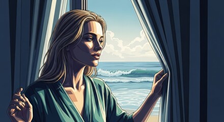 An emotional woman drawing curtain at window, looking at sea with positive thoughts. Concept of spirituality, peace, awakening.