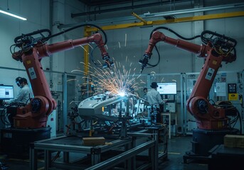 Robotic arms performing welding in a high-tech automotive manufacturing facility at night