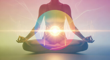 Woman meditating in lotus pose with glowing energy center. Spiritual wellness concept for balance and positive vibes.