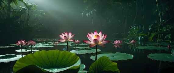 Bright tropical lotus flowers blooming on calm pond with lush green pad leaves surrounding