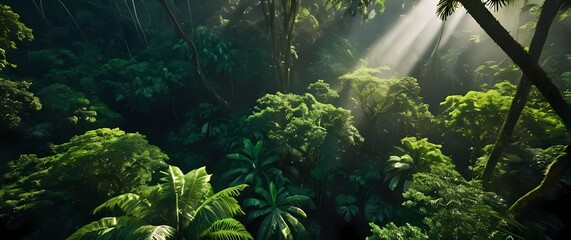 Bright tropical rainforest canopy seen from above with lush dense green foliage and light shafts
