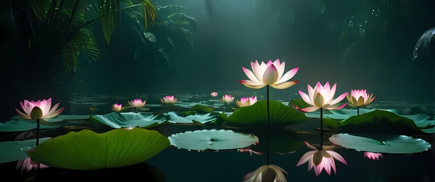 Bright tropical lotus flowers blooming on calm pond with lush green pad leaves surrounding