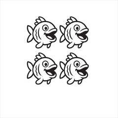 Four Happy Cartoon Fish Line Art Illustration - Smiling Sea Creatures for Kids, Aquariums, and Underwater Themes