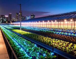 Innovative urban farm utilizing LED lighting for sustainable agriculture in a city setting during twilight hours