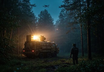 Military personnel operate a drone in a forest during nighttime exercise utilizing tactical vehicles and equipment