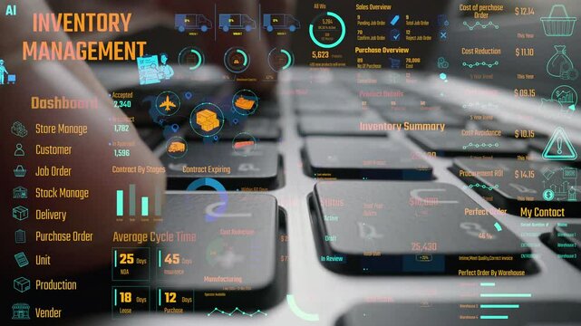 Inventory management dashboard showing supply chain performance, stock levels, order cycle times, cost reduction, and procurement ROI. Inventory tracking, and streamline warehouse efficiency. Thunk