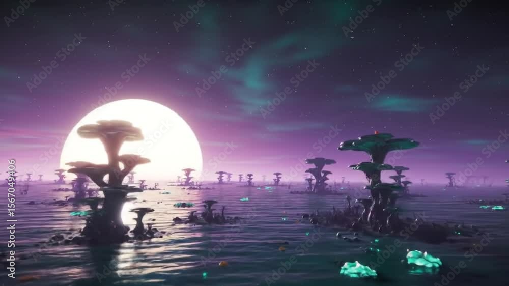 Poster 3d render of an alien planet with surreal trees and a glowing sun