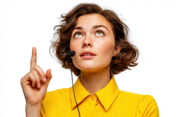 woman with receptionist headset microphone on a transparent background.