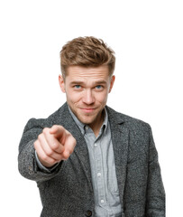 Confident man pointing at viewer portrait engaging mood isolated on transparent background