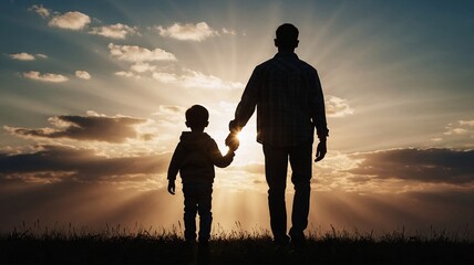 A silhouette of a father and son holding hands against a radiant sunset, creating a warm and heartfelt atmosphere.