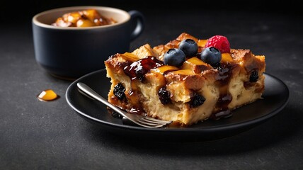 Delicious bread pudding with berries and sauce, presented on a black plate with a cup of dessert in the background.