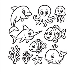 Adorable Cartoon Sea Animals and Ocean Life Outline Set - Dolphin, Octopus, Fish, Whale, and Jellyfish for Kids