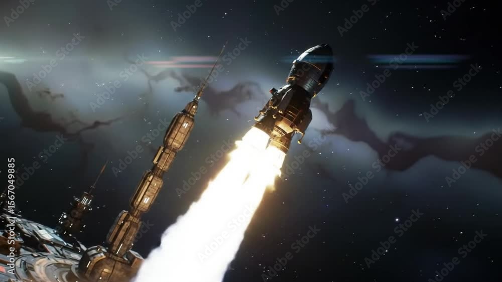 Aufkleber 3d render of a rocket launching from a space station in deep space