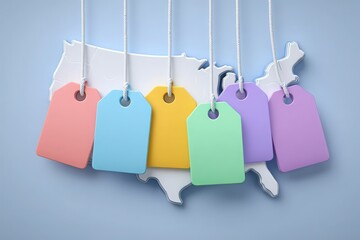 A map of the United States is featured with six colorful tags hanging from it.