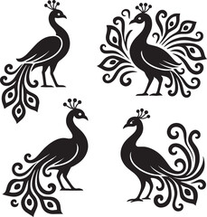 Four stylized peacock silhouettes, perfect for decorative design elements.