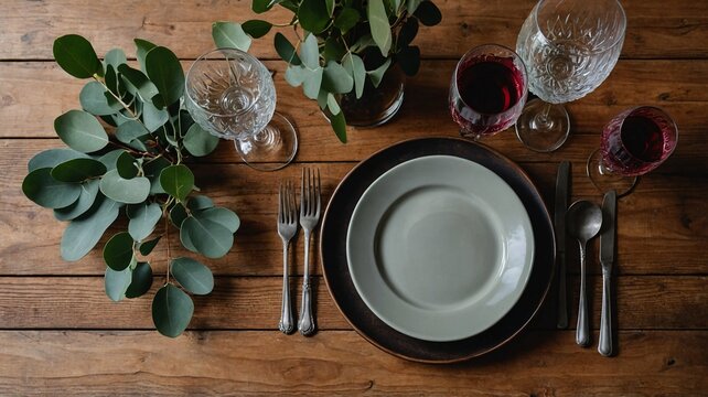 A beautifully arranged dining table with a soft green plate, elegant cutlery, and lush greenery, setting a warm, inviting mood.