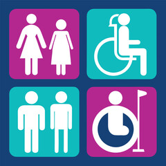 Blue background flat vector restroom signs