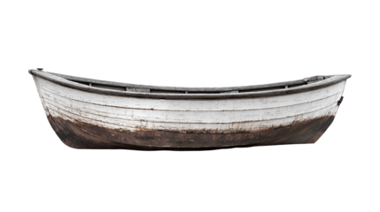 An old white wooden boat with visible weathered texture, isolated on a white or transparent background in high-resolution PNG format.
