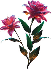 pink two flowes on stem in small leaves isolated on white background