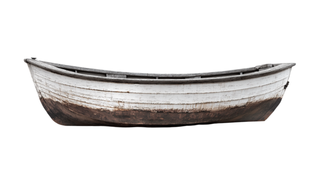 An old white wooden boat with visible weathered texture, isolated on a white or transparent background in high-resolution PNG format.

