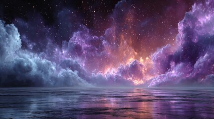 Dreamy clouds and stars reflected in calm water surface