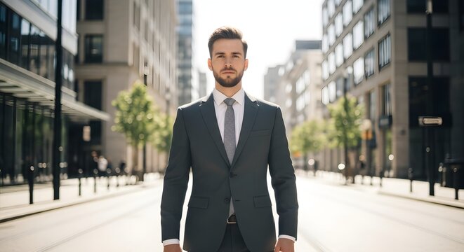 A confident businessman stands in a city street, facing the camera with determination.