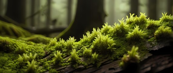 Close up macro of tiny bright green moss spores clustered densely on rough brown bark