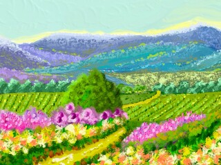 Colorful Flower Fields and Distant Hills – Vibrant Digital Landscape Art