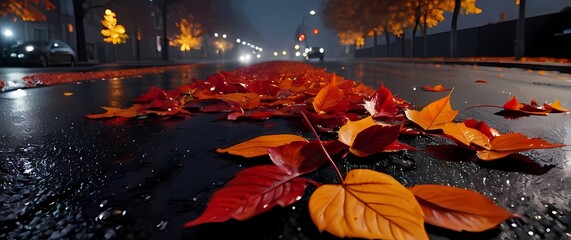 Close up of bright red and orange autumn leaves scattered on wet dark asphalt street