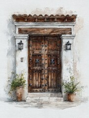 A detailed representation of a rustic wooden door with intricate iron details sits within a whitewashed wall. Potted plants flank the entrance, while lanterns provide soft illumination.