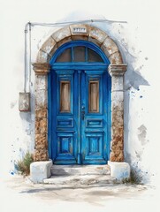 Fototapeta premium A vibrant blue door framed by a textured stone archway adds charm to a white-washed wall. Sunlight casts soft shadows, enhancing the inviting nature of the entrance.