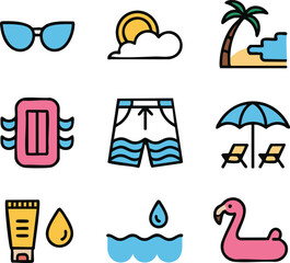 This vector set of summer icons illustrates beach travel, sea, sun, and vacation symbols including umbrellas, sunglasses, and palm trees for a fun holiday design