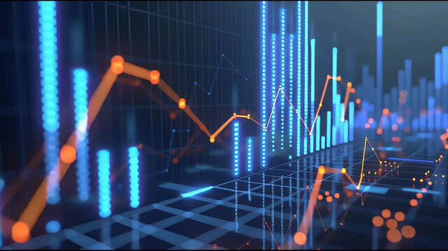 High-tech 3D line graph animation with orange nodes and holographic network connections, featuring floating data labels and dashboard overlays for cross-asset portfolio trend analysis and risk managem