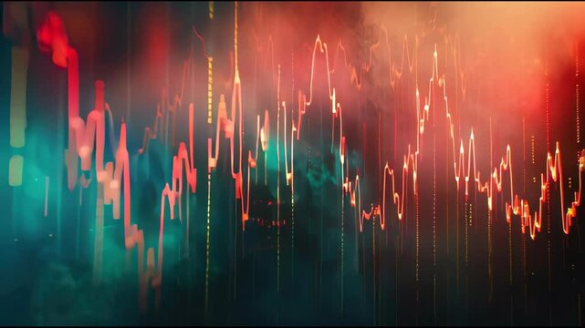 Realistic AI bar histogram visualization in red and blue, integrated with neon pink trend curves, grid perspective, and pulsing financial statistics to highlight investor KPIs on a glossy digital inte