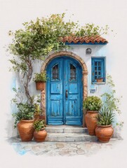 A rustic blue door nestled in a white wall is surrounded by terracotta pots filled with vibrant plants. The setting exudes a peaceful Mediterranean charm, enhanced by lush greenery and a tiled roof.