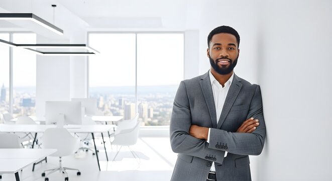A confident businessman in a suit leans against an office wall.