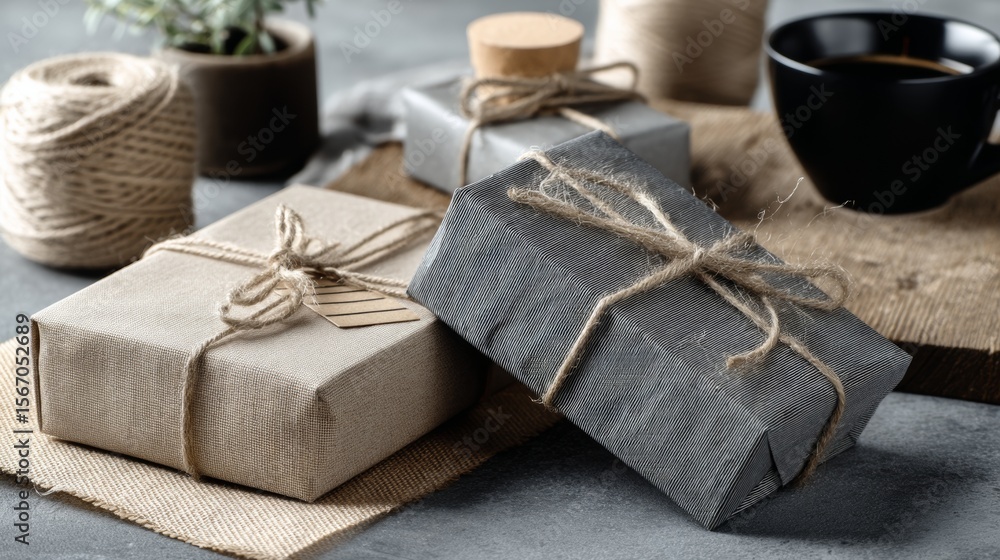 Poster elegant gift boxes with brown and gray paper wrapping tied with string on neutral surface