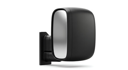 A modern side view mirror for a commercial vehicle, such as a delivery van or light truck, cleanly isolated on a pure white background.