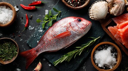 Fresh red snapper fish with herbs and spices on black textured surface for seafood preparation