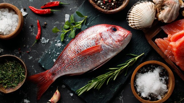 Fresh red snapper fish with herbs and spices on black textured surface for seafood preparation - Powered by Adobe