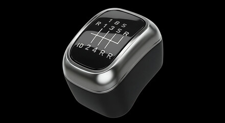 A sleek, modern gear shift knob for a heavy-duty truck's manual transmission, featuring a complex multi-speed gear pattern, isolated on a stark black background