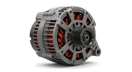 A new automotive alternator, a key component of a vehicle's charging system, is isolated on a clean white background.