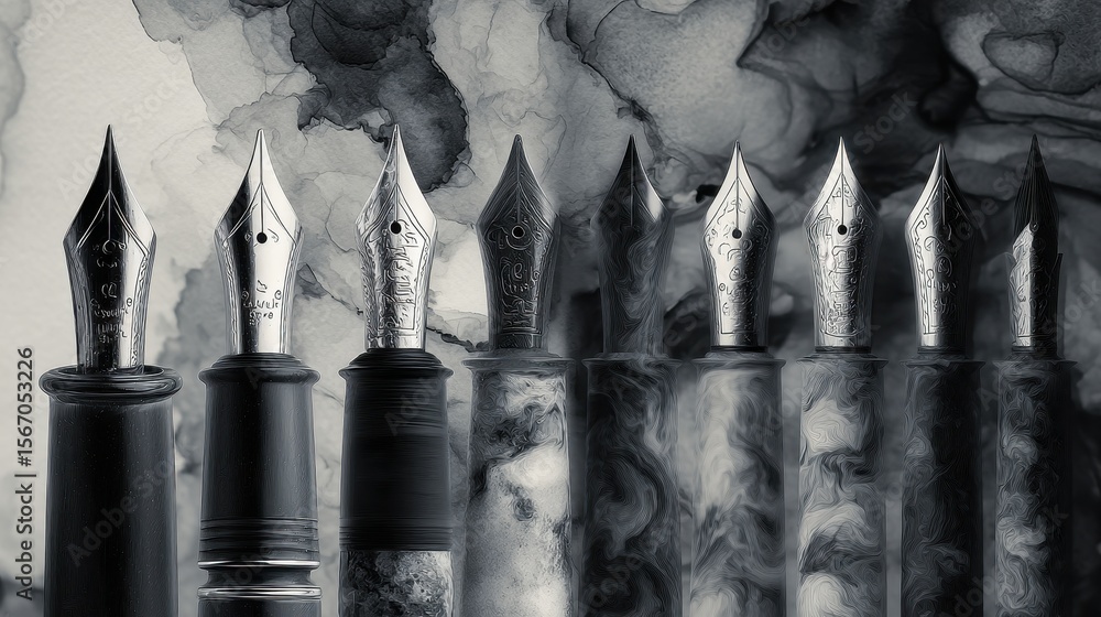 Poster Black and white feather composition with ink splatter art on a light grey textured surface creates an artistic modern abstract close-up