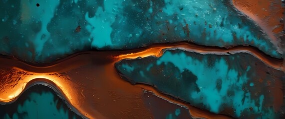 Close up rusted metallic texture with peeling turquoise and deep orange paint layers